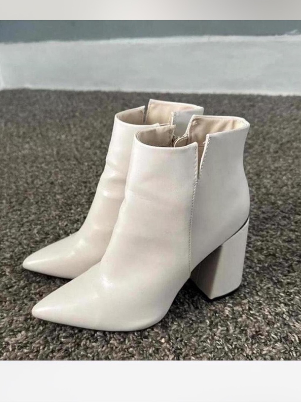 Buckle White/Cream Pointed Toe Block Heel Ankle Boots